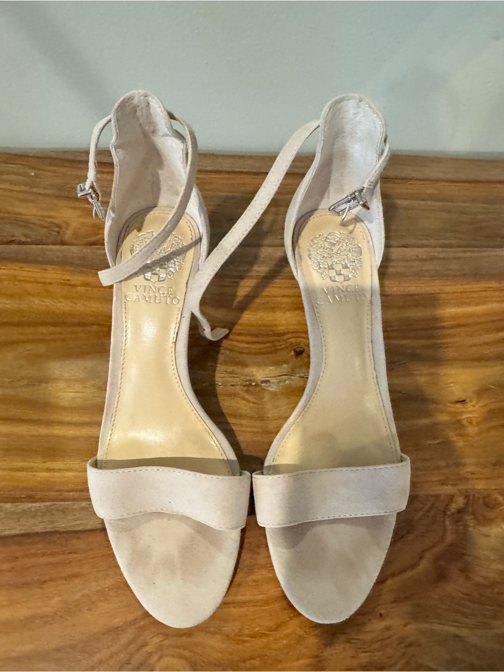 Vince Camuto Light Cream Suede Open-Toe Ankle Strap Heels
